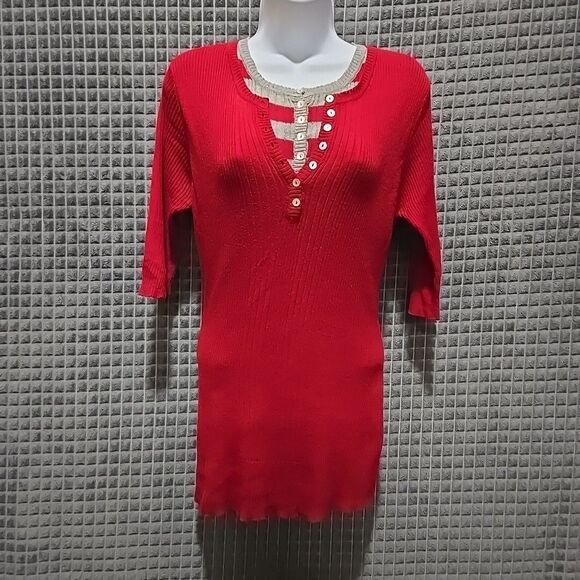 Y2K Layered Sweater Dress Tunic Top SzLg STRETCH Soft Henley Red Preppy 90s VTG - Picture 1 of 16